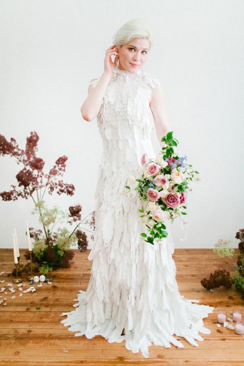 Japanese Couture Designer Created this Layered Feather Wedding Dress