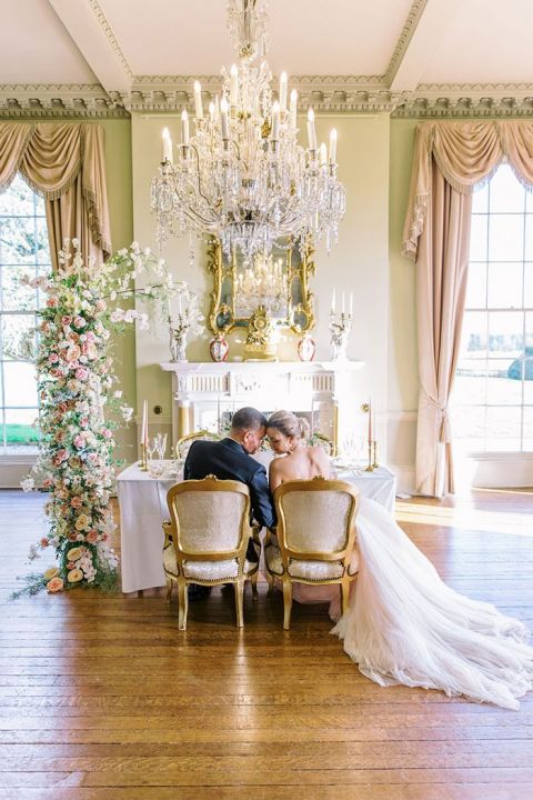 Over the Top Blush Romance Elopement Dinner for Two with a Flower Installation and Crystal Chandeliers