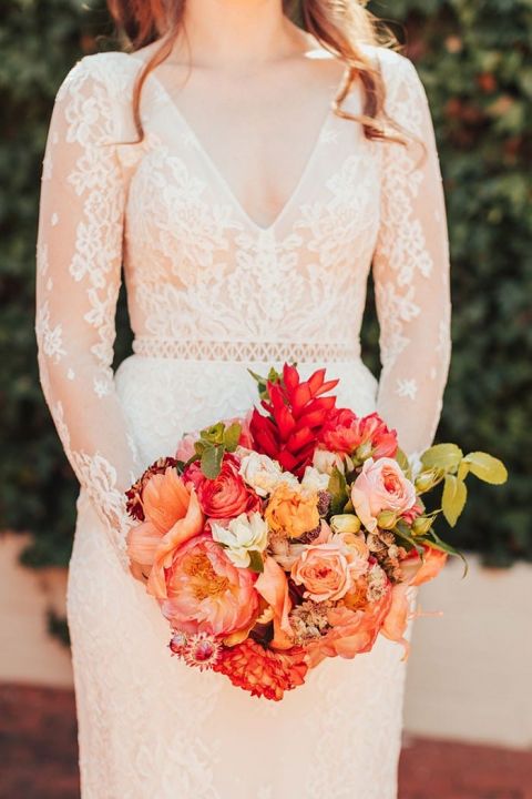 Colorful Fall Bouquet with a Long Sleeve Lace Wedding Dress