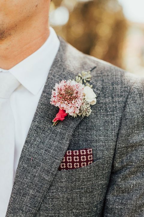 Gray Tweed Suit with a Red Patterned Pocket Square for a Fall At Home Wedding