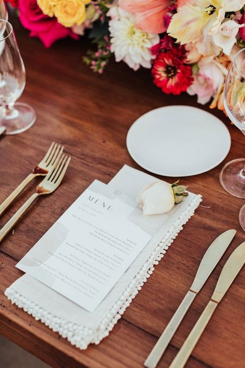 Tasseled Napkin Place Settings on Rustic Wood Tables with Modern Minimalist Menu Cards