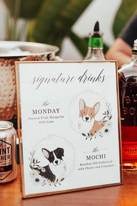 Personalized Wedding Drink Menu with Illustrations of the Couple's Dogs
