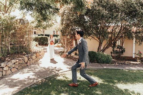 Excited First Look for an At Home Wedding