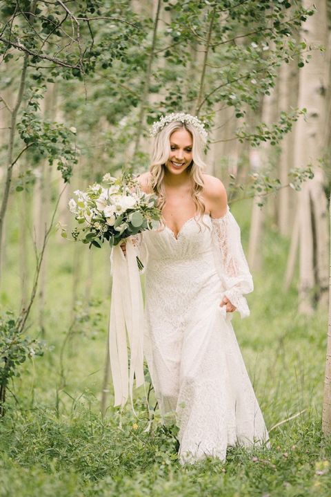 Off the Shoulder Lace Sleeve Wedding Dress for an Aspen Adventure Elopement