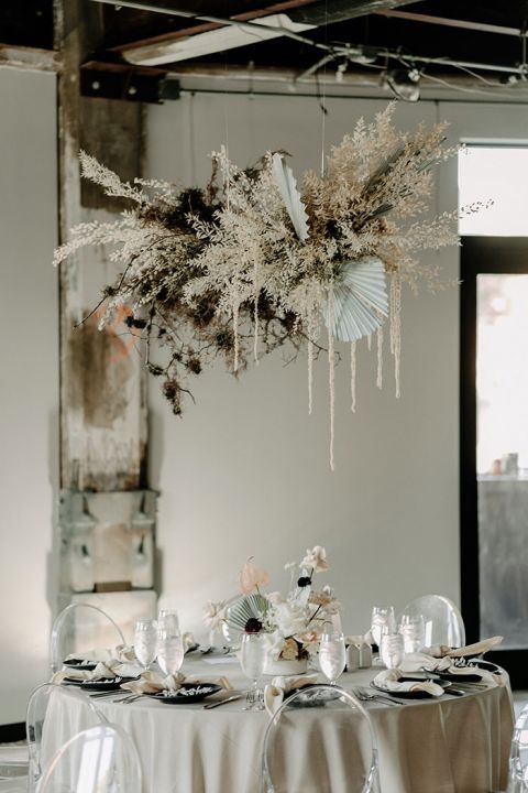 Cloud Chandeliers with Pampas Grass and Dried Flowers for an Industrial Glam Wedding