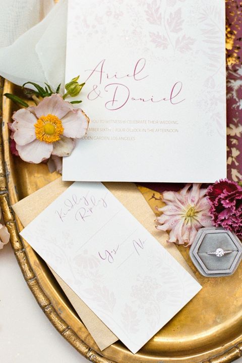 Laser Cut Invitation in Plum Purple with a Vintage Gold Tray