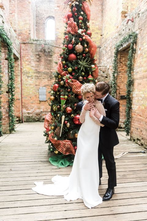 Traditional Christmas Tree Decorations for a Georgia Holiday Wedding in Manor House Ruins at Barnsley Resort