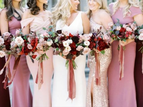 Individual Bridesmaid Dresses in Rose Gold Sequins, Blush, and Mauve