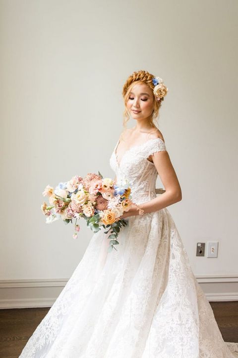 Romantic off the Shoulder Princess Wedding Dress with Fairy Tale Flowers