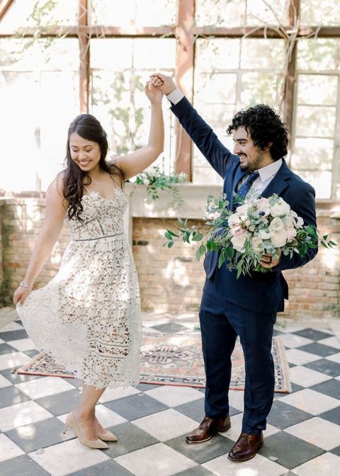 This couple rocked their Courthouse Wedding Outfits at a Vintage Greenhouse Instead Hey Wedding Lady