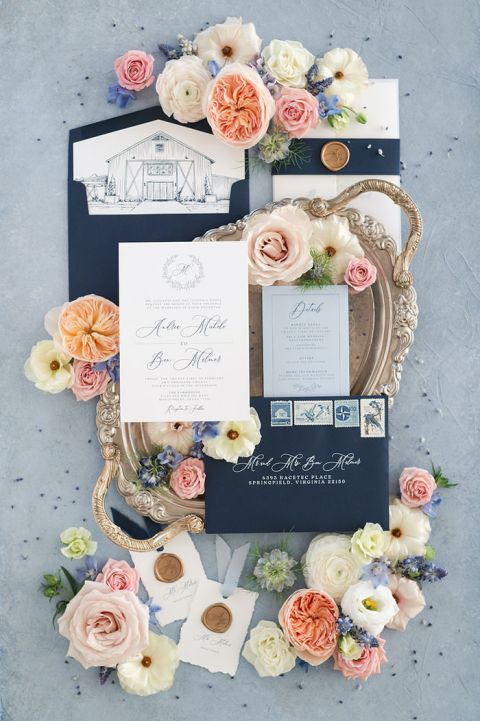Epic Wedding Invitation Flatlay in Dusty Blue, Navy, Gold, and Peach