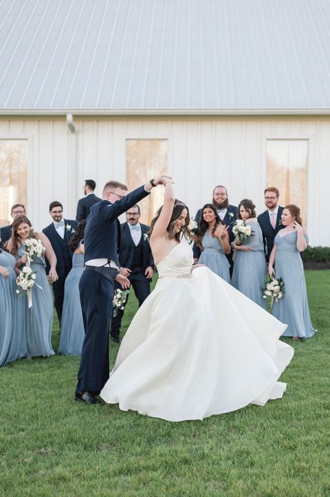 Dusty blue bridesmaid cheap dresses with navy suits