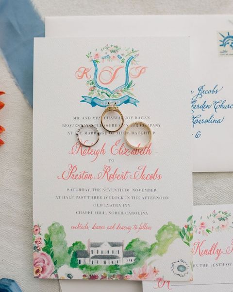 Watercolor Custom Crest Invitations for a Fall Wedding Colors for a Historic Inn Wedding in Chapel Hill