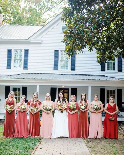 Mixed Bridesmaid Dress Colors for a Fall Wedding in Velvet and Chiffon