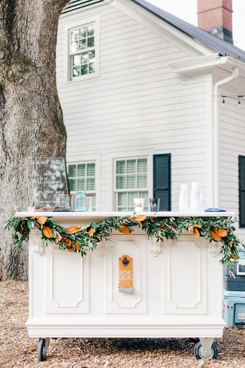 Vintage Outdoor Bar with Magnolia Leaf Garlands