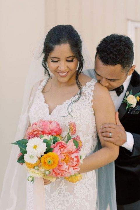 Romantic Wedding Photo Poses with Playful Colors and Flowers