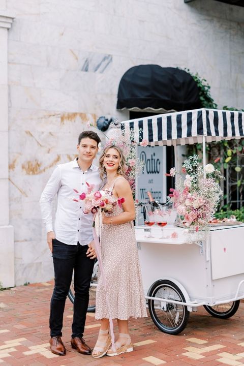 Vintage Paris Bar Cart Serving Rose Cocktails and a Dessert Charcuterie for a Valentine's Day Proposal