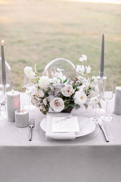 Romantic Ultimate Gray Wedding Style Inspiration with Neutral Centerpieces and Table Decor