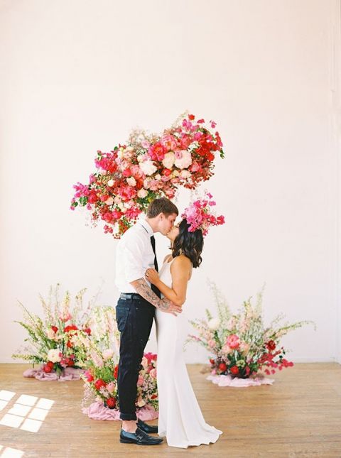 Pink and Fuchsia Flower Installations for a Modern Micro Wedding Ceremony