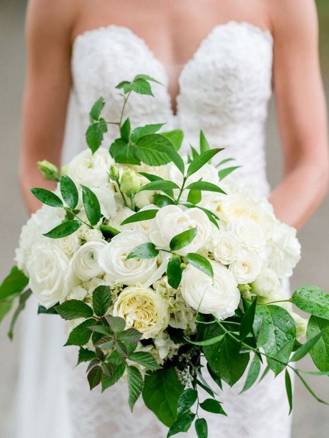 White Flower and Fresh Greenery Bouquet with the Bride's Pronovias Wedding Dress