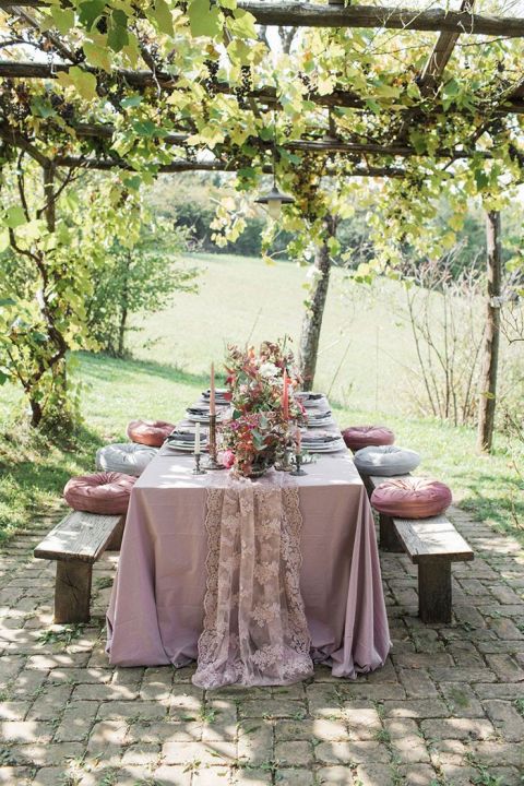 Intimate Bohemian Dinner Under the Grape Arbor after a Handfasting Ceremony