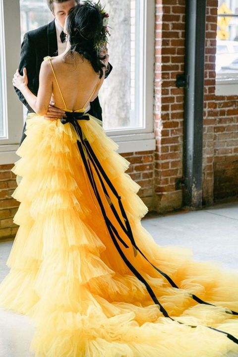 Yellow Ruffled Tulle Dress for Unexpected Wedding Colors