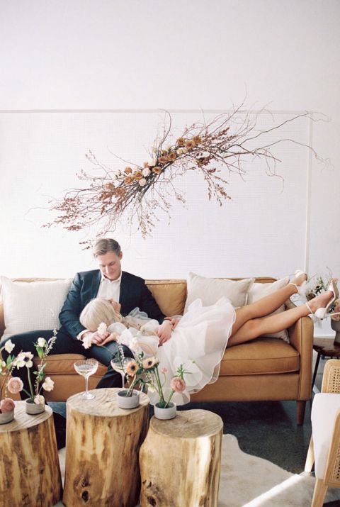 Ikebana Inspired Centerpieces with Montana Chic Rustic Lounge Furniture for a Blushing Spring Wedding