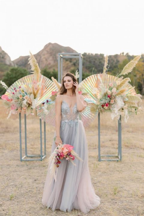 Radiant Angel Wing Photo Backdrop with Iridescent Rainbow Colors