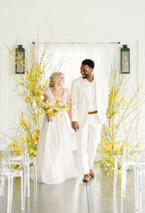 yellow and white wedding dress