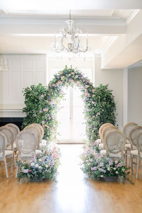 Indoor Garden Floral Arch for a Regency Romance Bridgerton Wedding Ceremony
