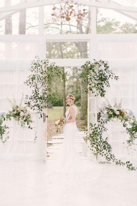 Vintage Doors for a Glasshouse Ceremony Backdrop with Greenery Decor