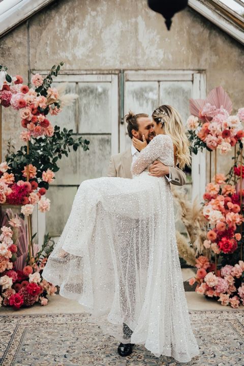 Pink Wedding Ceremony Arch for an Industrial Greenshouse Space