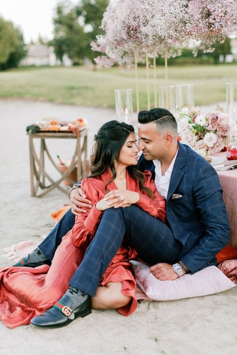 Cozy Fall Engagement Celebration in Rich Navy Blue and Pomegranate