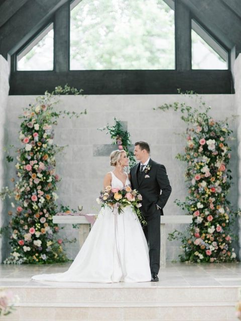 Yellow and Lavender Summer Wedding in a White Chapel