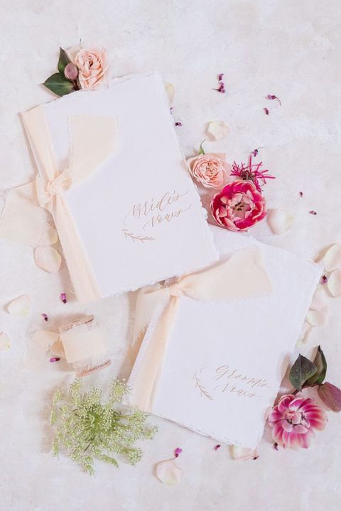 Hand Lettered Vow Books with Blush Pink Ribbons