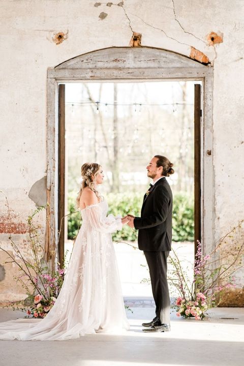Industrial Wedding Venue with Ethereal Vintage Cherry Blossom Ceremony Decor