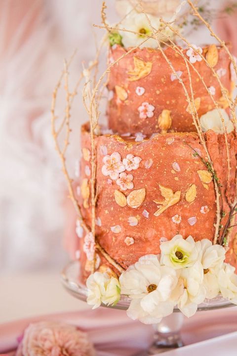 Blush, Gold, and Rose Gold Wedding Cake with Woodland Branch Details