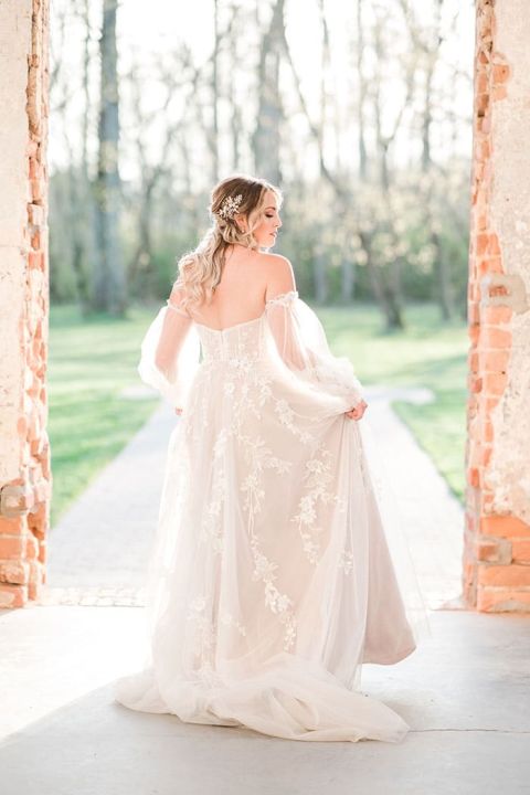 Off the Shoulder Sheer Sleeve Wedding Dress 