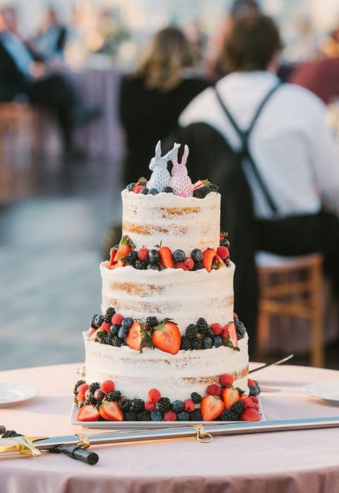 Fresh Berry Wedding Cake with Herend Bunny Cake Toppers